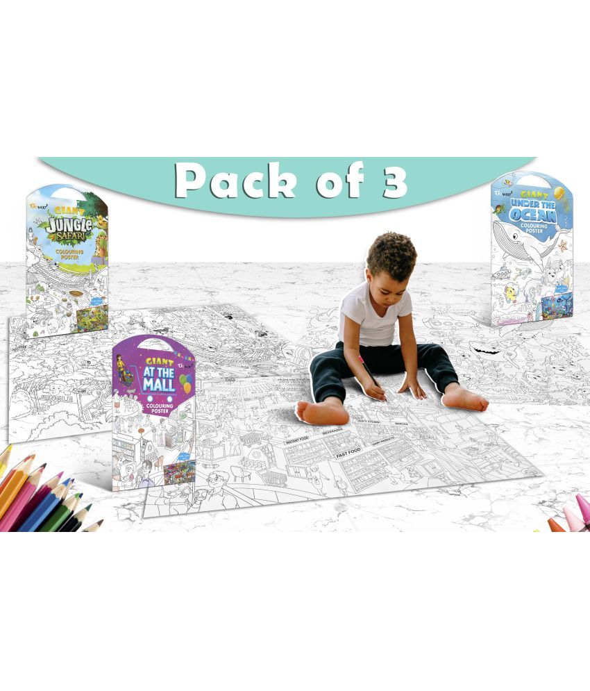     			GIANT JUNGLE SAFARI COLOURING POSTER, GIANT AT THE MALL COLOURING POSTER and GIANT UNDER THE OCEAN COLOURING POSTER | Combo pack of 3 Charts I Beautifully illustrated Posters For Children