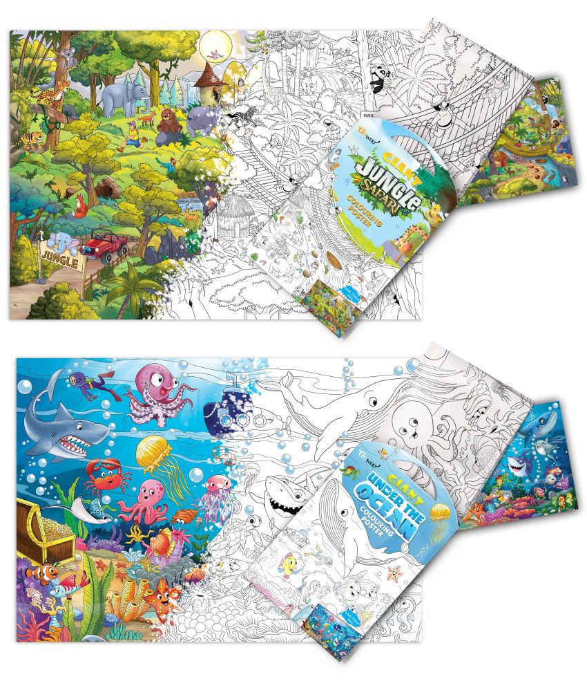     			GIANT JUNGLE SAFARI COLOURING POSTER and GIANT UNDER THE OCEAN COLOURING POSTER | Combo of 2 Posters I large colouring posters for adults