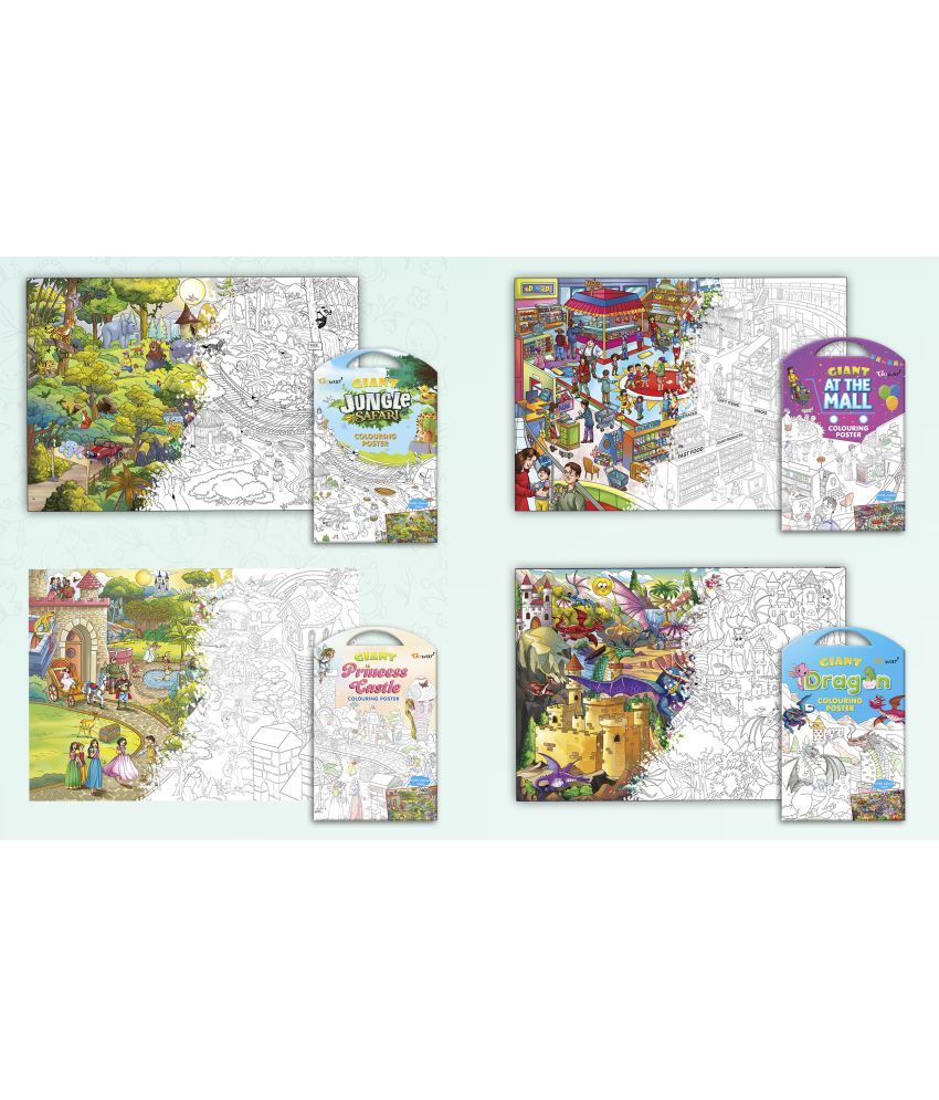     			GIANT JUNGLE SAFARI COLOURING POSTER, GIANT AT THE MALL COLOURING POSTER, GIANT PRINCESS CASTLE COLOURING POSTER and GIANT DRAGON COLOURING POSTER | Pack of 4 Posters I Popular adults coloring posters