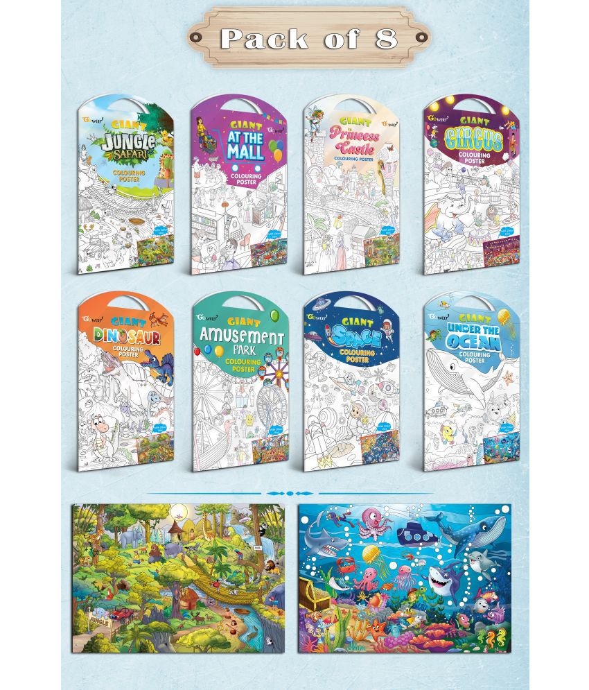     			GIANT JUNGLE SAFARI, GIANT AT THE MALL, GIANT PRINCESS CASTLE, GIANT CIRCUS, GIANT DINOSAUR, GIANT AMUSEMENT PARK, GIANT SPACE   and GIANT UNDER THE OCEAN   | Combo of 8 s I Giant Coloring s Kit