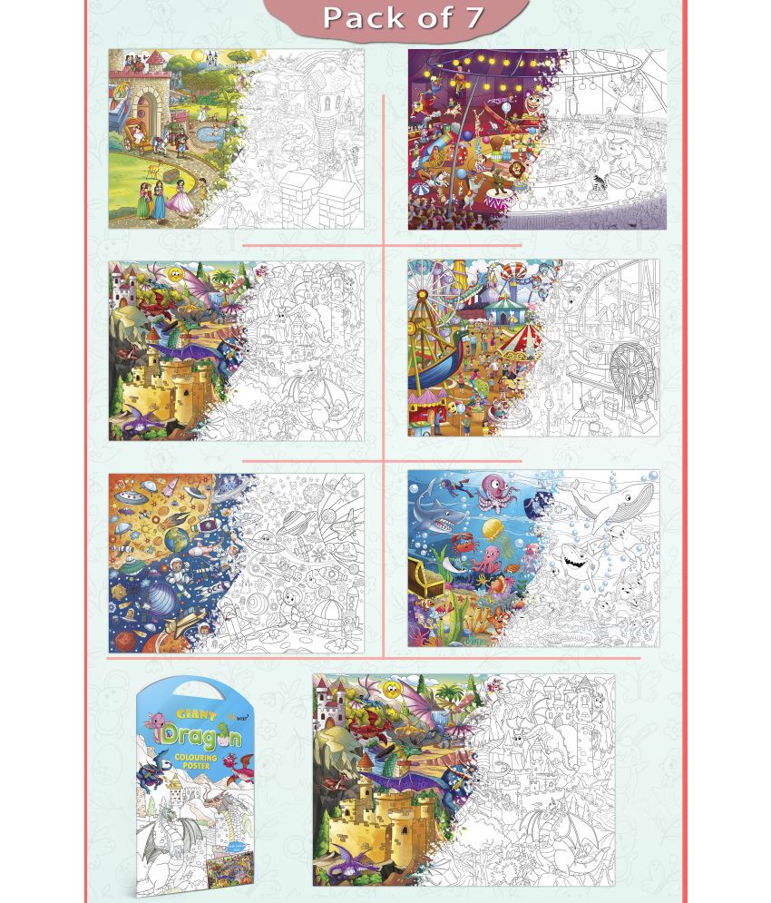     			GIANT PRINCESS CASTLE COLOURING , GIANT CIRCUS COLOURING , GIANT DINOSAUR COLOURING , GIANT AMUSEMENT PARK COLOURING , GIANT SPACE COLOURING , GIANT UNDER THE OCEAN COLOURING  and GIANT DRAGON COLOURING  | Pack of 7 s I Giant Coloring s Fun Pack