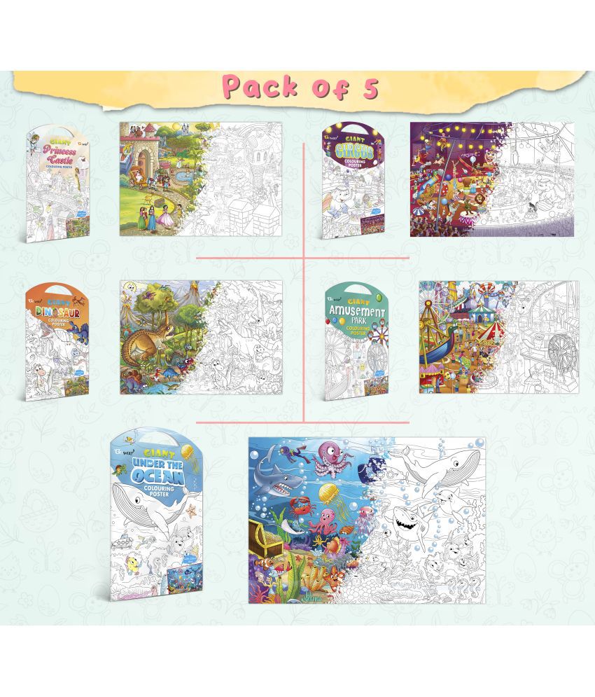     			GIANT PRINCESS CASTLE COLOURING POSTER, GIANT CIRCUS COLOURING POSTER, GIANT DINOSAUR COLOURING POSTER, GIANT AMUSEMENT PARK COLOURING POSTER and GIANT UNDER THE OCEAN COLOURING POSTER | Pack of 5 Posters I Coloring Posters Gift Set for kids