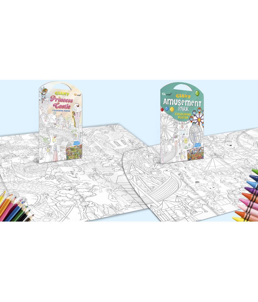     			GIANT PRINCESS CASTLE COLOURING POSTER and GIANT AMUSEMENT PARK COLOURING POSTER | Gift Pack of 2 posters I Coloring poster holiday pack