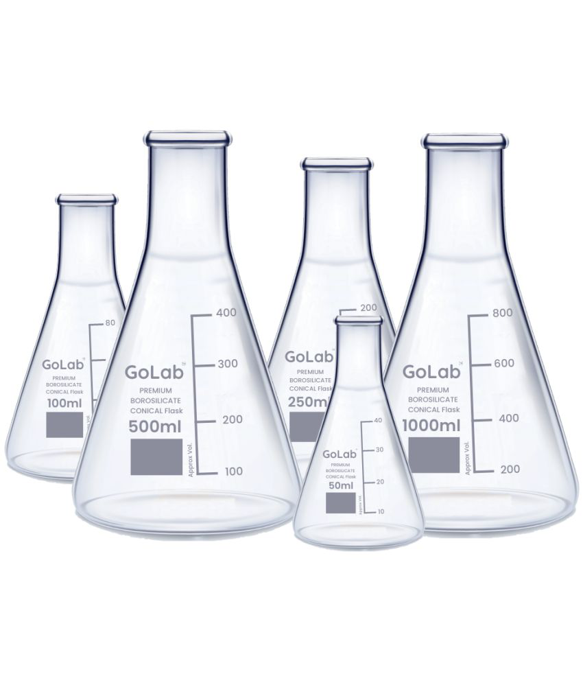     			GoLab Laboratory Premium Calibrated Borosilicate Glass Conical Flask Combo 50ml, 100ml, 250ml, 500ml, 1000ml  with Graduation Marks and Spout - Pack of 5