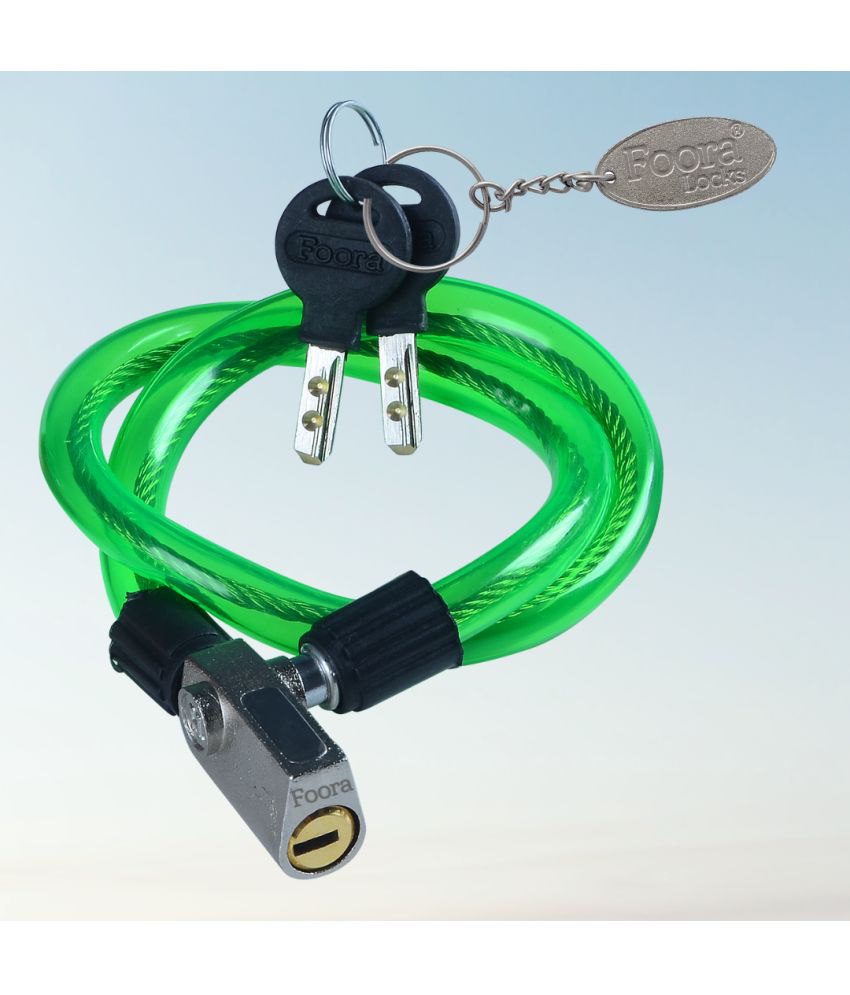     			Foora Multipurpose Steel Cable Lock CL-01 Zinc Lock for Cycles, Bikes, Gate, Helmets and Scooters with 2 Ultra Brass Molded Keys (22 inch Approx.) Free Key Chain (Green)