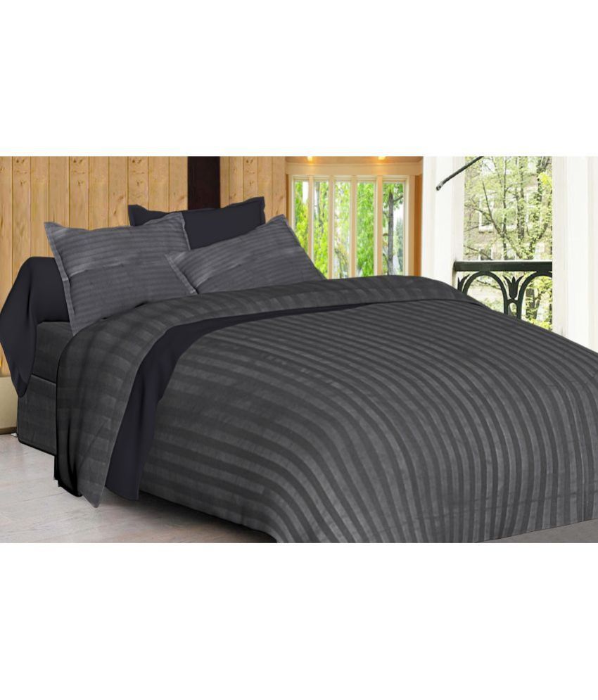     			INDHOME LIFE Glace Cotton Vertical Striped King Size Bedsheet With 2 Pillow Covers - Dark Grey