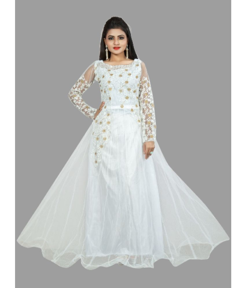     			JASH CREATION - White Anarkali Net Women's Stitched Ethnic Gown ( Pack of 1 )
