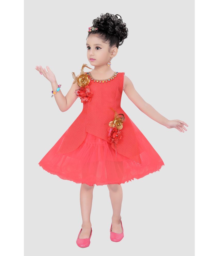     			9stiches - Dark Orange Net Girls Fit And Flare Dress ( Pack of 1 )