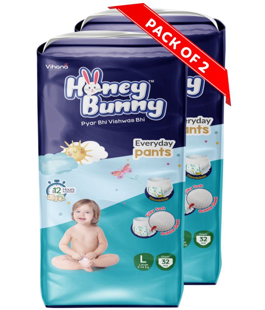    			Honey Bunny Pants Diapers L-64pcs (Pack of 2) Wetness Indicator,Silky Soft-Bubble sheet (9-14kgs)