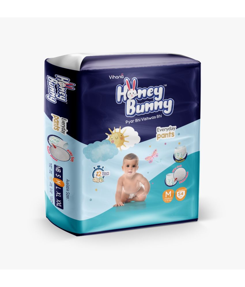     			Honey Bunny Pants Diapers M - 54 pcs with Wetness Indicator, Silky Soft - Bubble sheet (7-12 kgs)
