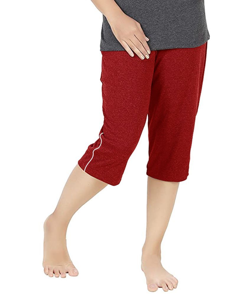     			Stylcozy Maroon Cotton Blend Solid Capri - Single