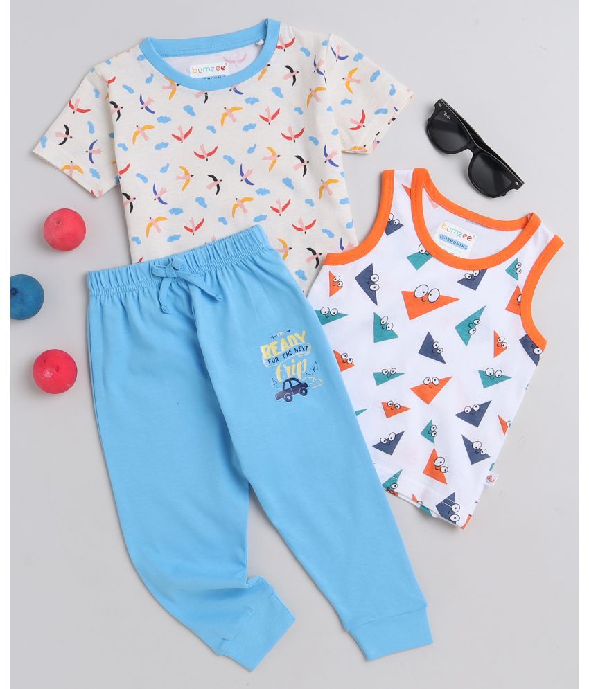     			BUMZEE - White & Blue Cotton Baby Boy T-Shirt & Pyjama Set ( Pack of 3 )