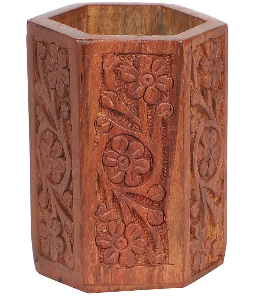     			HOMETALES - Sheesham Wood Carving Hexagon Pen Stand Showpiece 10 cm