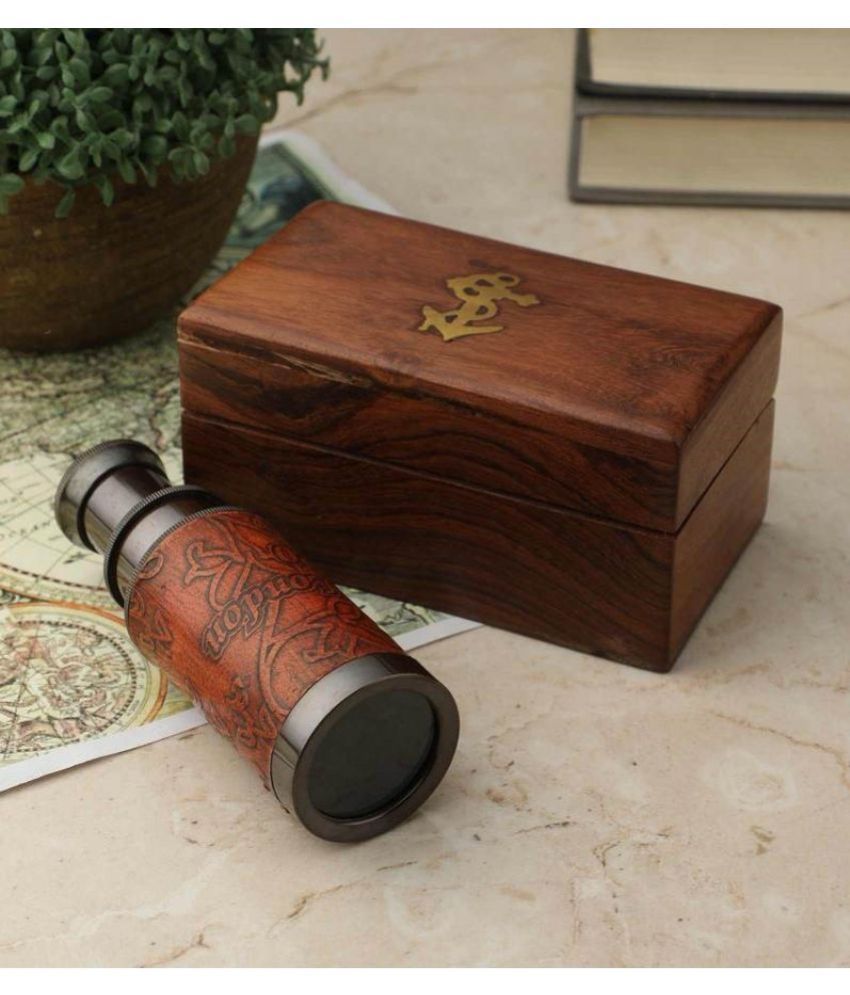     			HOMETALES - Leather Wrapped Metallic Dollond London Telescope with Sheesham Box Showpiece 3 cm