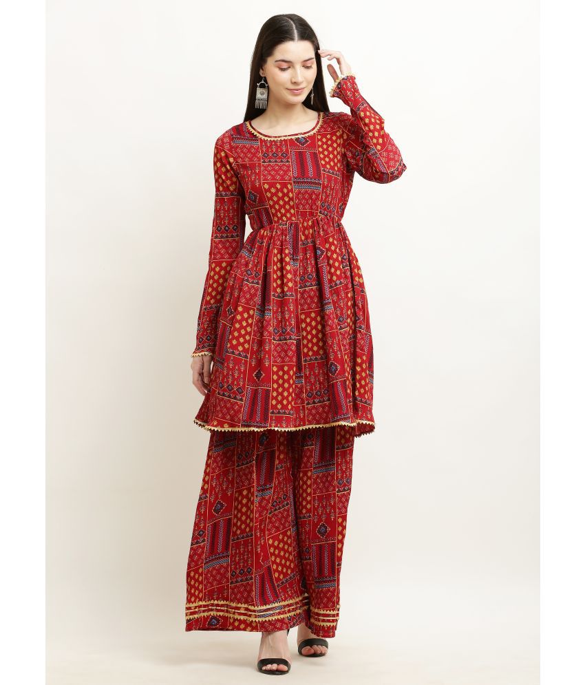     			Pret By Kefi - Maroon Frock Style Crepe Women's Stitched Salwar Suit ( Pack of 1 )