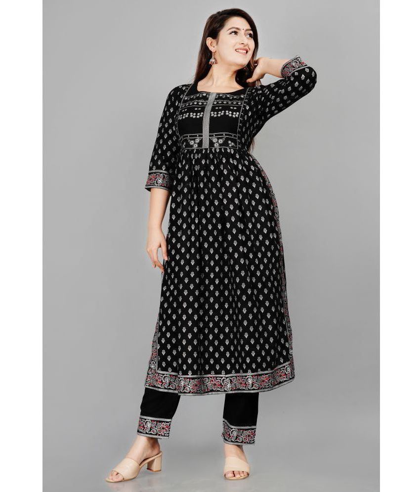     			Aurelisa Rayon Printed Kurti With Pants Women's Stitched Salwar Suit - Black ( Pack of 1 )