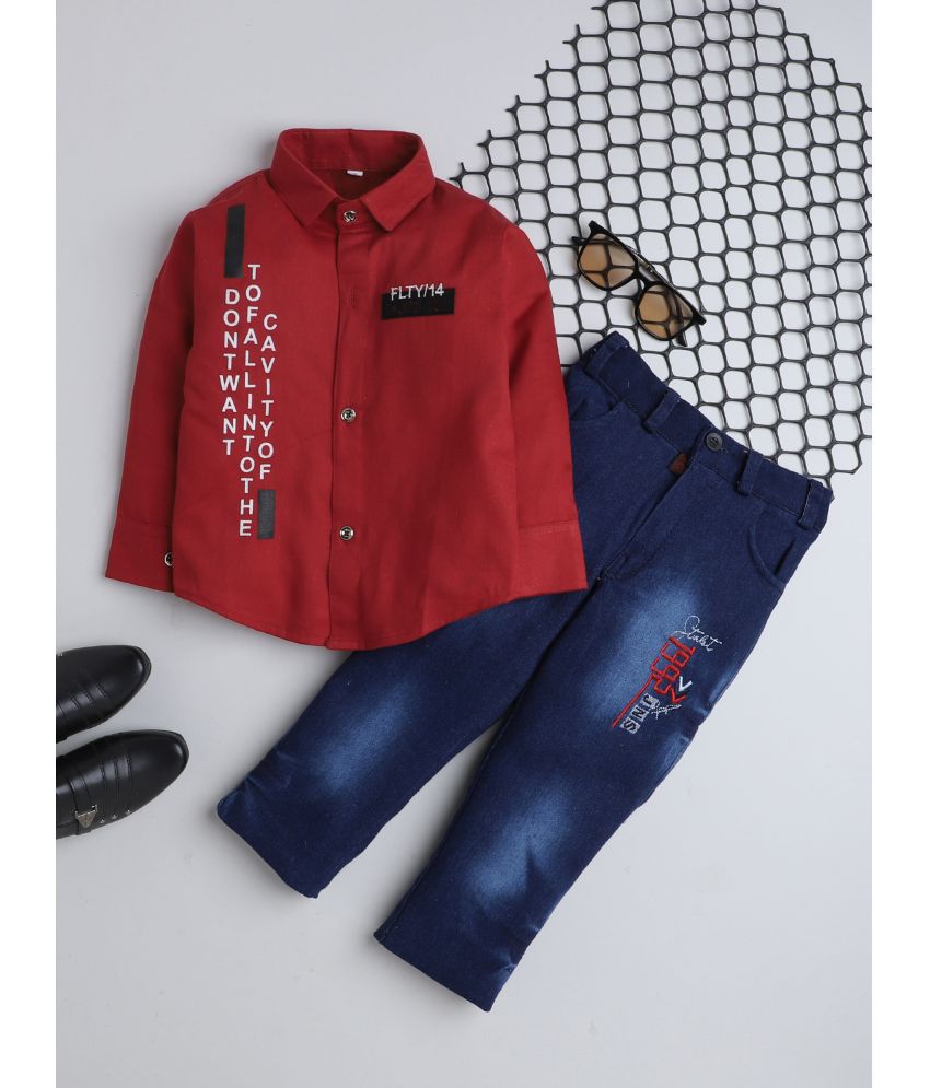     			Fourfolds - Red Cotton Blend Boys Shirt & Jeans ( Pack of 1 )
