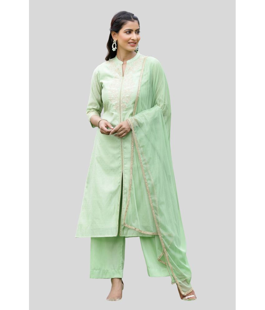     			Juniper - Green Front Slit Chanderi Women's Stitched Salwar Suit ( Pack of 1 )