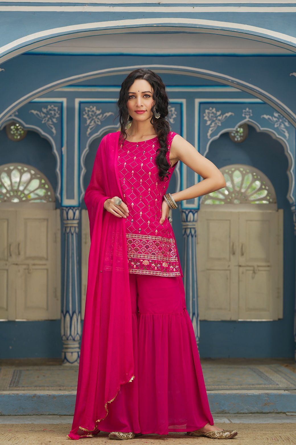     			Juniper - Pink Straight Georgette Women's Stitched Salwar Suit ( Pack of 1 )