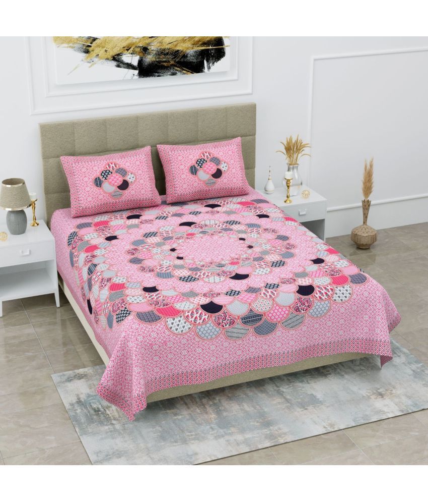     			Uniqchoice Cotton Ethnic Double Bedsheet with 2 Pillow Covers - Pink