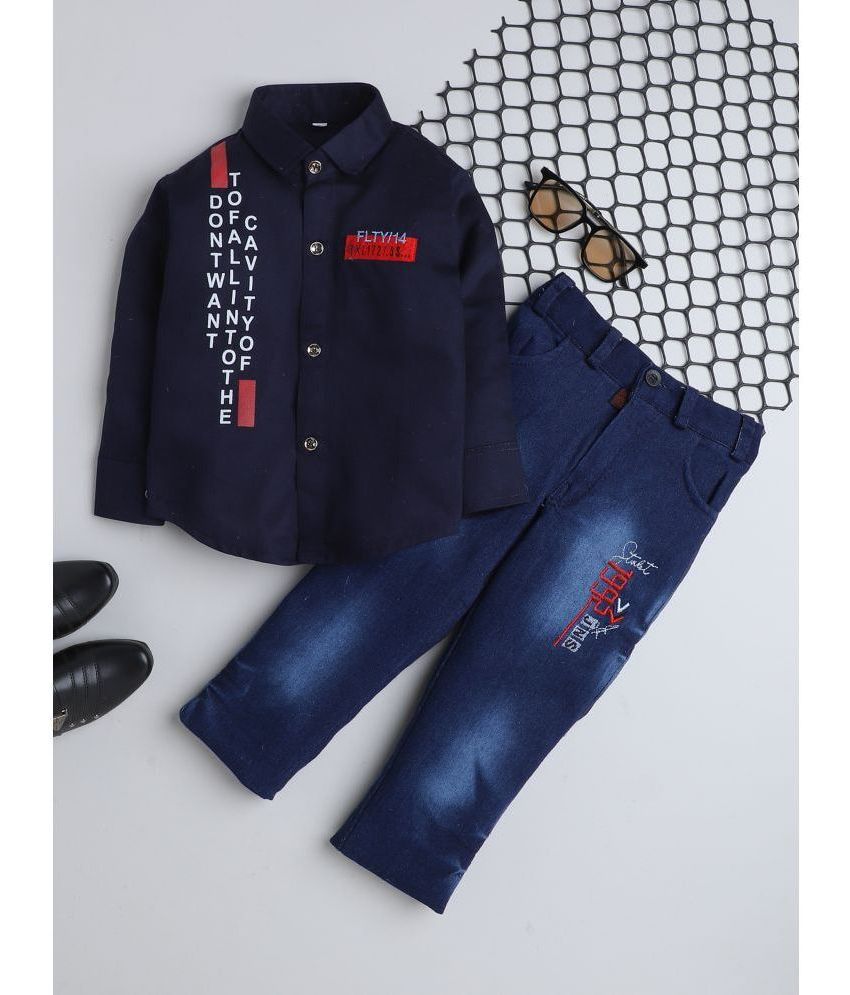     			Fourfolds - Navy Cotton Blend Boys Shirt & Jeans ( Pack of 1 )