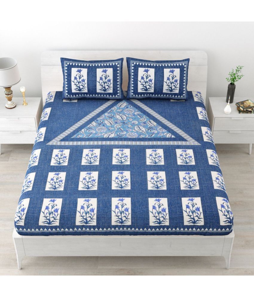     			Uniqchoice Cotton Floral Double Bedsheet with 2 Pillow Covers - Blue