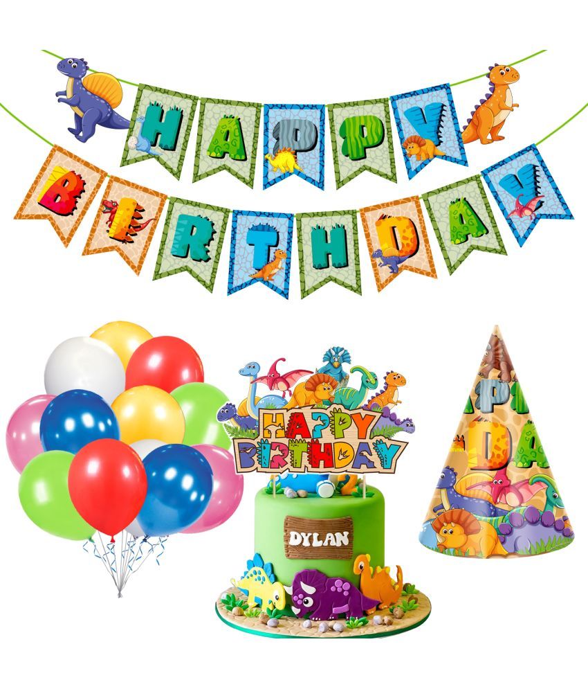     			Zyozi Dinosaur Birthday Party Supplies,28 Pcs Dinosaur Party Supplies Set for Boys and Girls, Include Balloons, Banner, Cake Topper and Birthday Cap