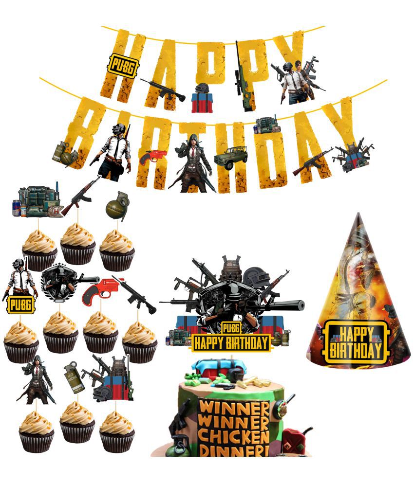     			Zyozi Pubg Happy Birthday Decoration Kids,Pubg Birthday Party Decoration Banner with Cup Cake Topper, Cake Topper and Birthday Cap for Boy Birthday 1st 2nd 3rd 16th 18th 21st (Pack of 13)