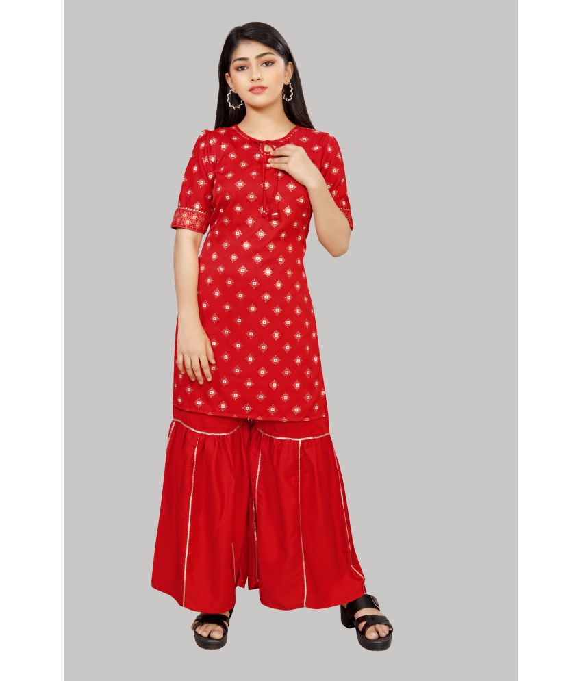     			R K Maniyar - Red Silk Blend Girls Kurta and Sharara Set ( Pack of 1 )