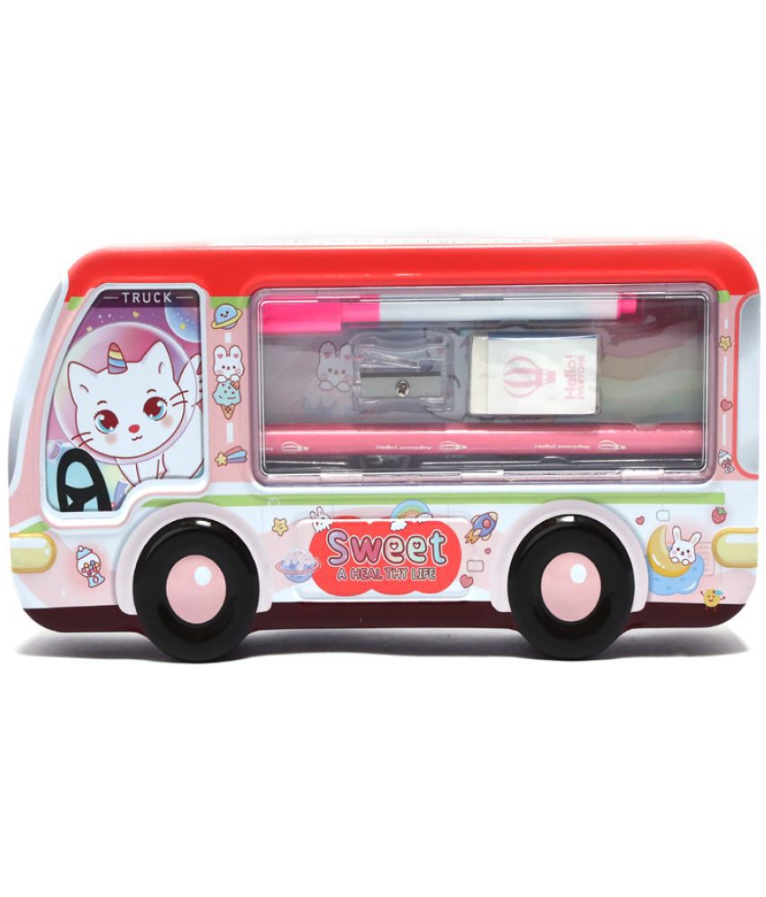     			Villy Metal Wide Pencil Box with Cartoon Design, White Board Marker, Sharpener, Scale, Eraser and Pencil, for Kids