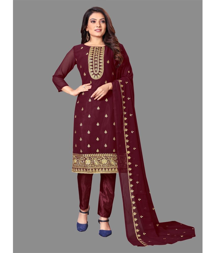     			Aika - Unstitched Maroon Georgette Dress Material ( Pack of 1 )