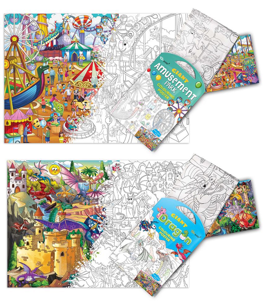     			GIANT AMUSEMENT PARK COLOURING POSTER and GIANT DRAGON COLOURING POSTER | Pack of 2 Posters I Coloring poster sets for kids