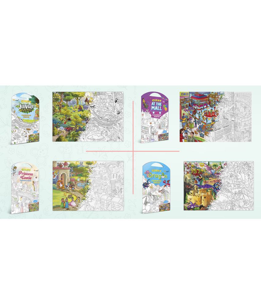     			GIANT JUNGLE SAFARI COLOURING POSTER, GIANT AT THE MALL COLOURING POSTER, GIANT PRINCESS CASTLE COLOURING POSTER and GIANT DRAGON COLOURING POSTER | Combo pack of 4 Posters I value gift pack