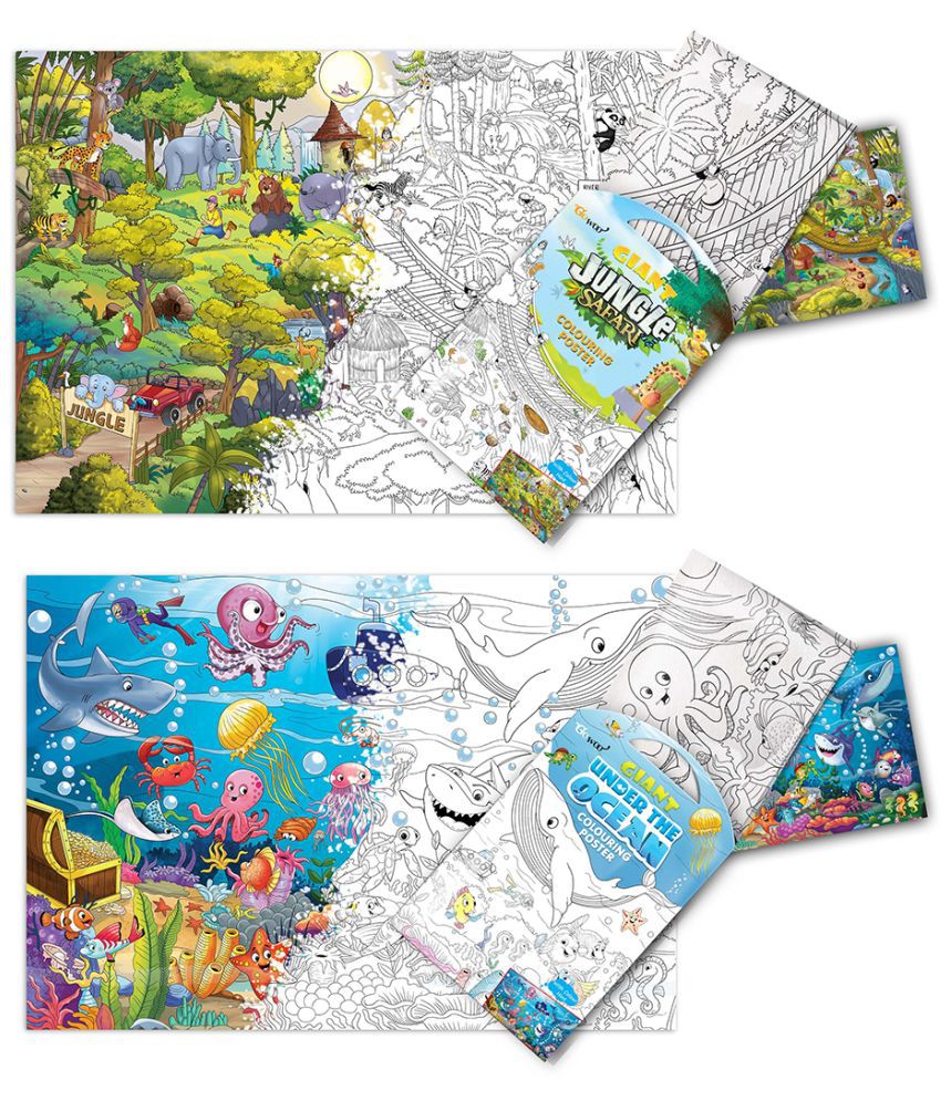     			GIANT JUNGLE SAFARI COLOURING POSTER and GIANT UNDER THE OCEAN COLOURING POSTER | Combo pack of 2 Posters I Best coloring posters for kids