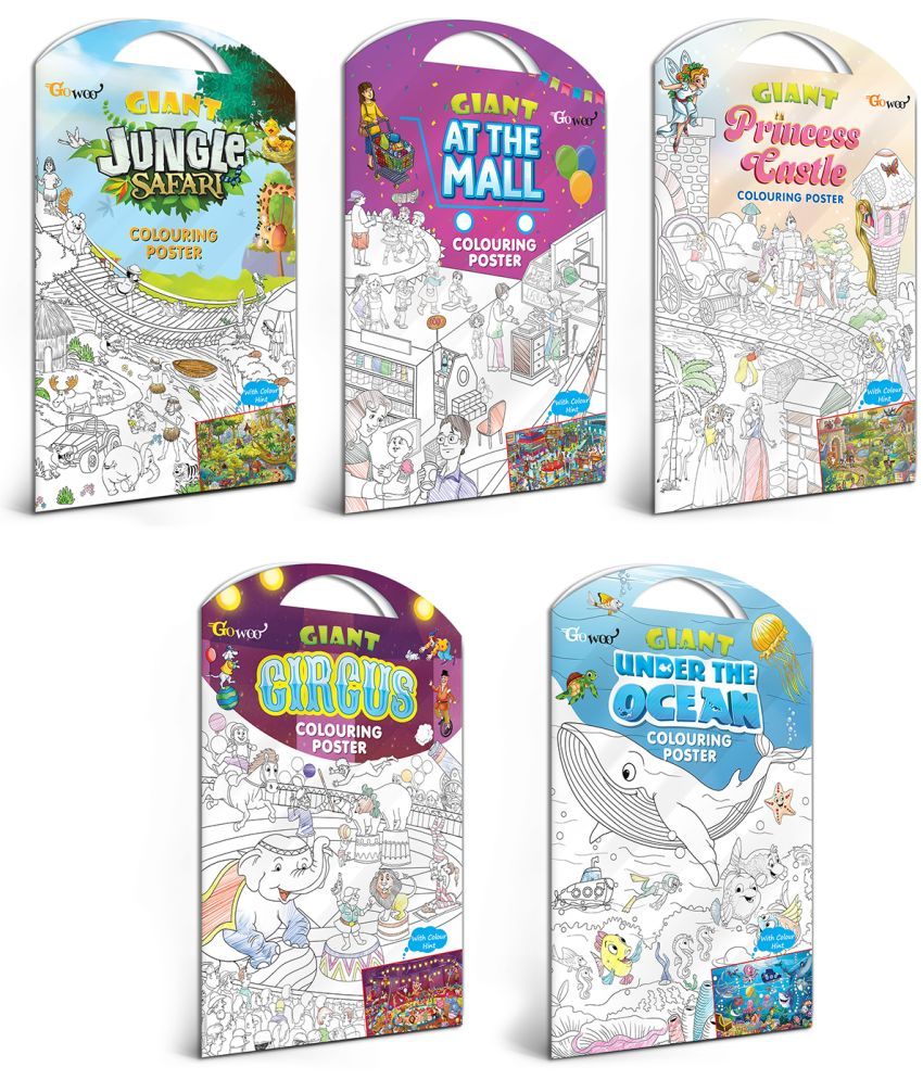     			GIANT JUNGLE SAFARI COLOURING POSTER, GIANT AT THE MALL COLOURING POSTER, GIANT PRINCESS CASTLE COLOURING POSTER, GIANT CIRCUS COLOURING POSTER and GIANT UNDER THE OCEAN COLOURING POSTER | Gift Pack of 5 Posters I best colouring kit for 10+ kids