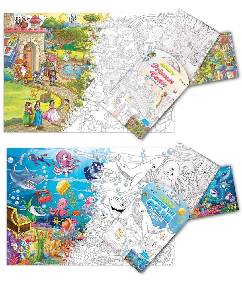     			GIANT PRINCESS CASTLE COLOURING POSTER and GIANT UNDER THE OCEAN COLOURING POSTER | Combo pack of 2 Posters I  Coloring Set for Adults
