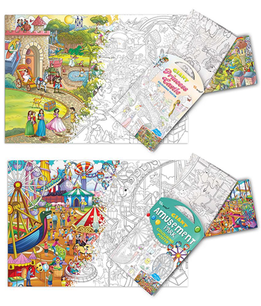     			GIANT PRINCESS CASTLE COLOURING POSTER and GIANT AMUSEMENT PARK COLOURING POSTER | Set of 2 Posters I large mindfulness colouring poster