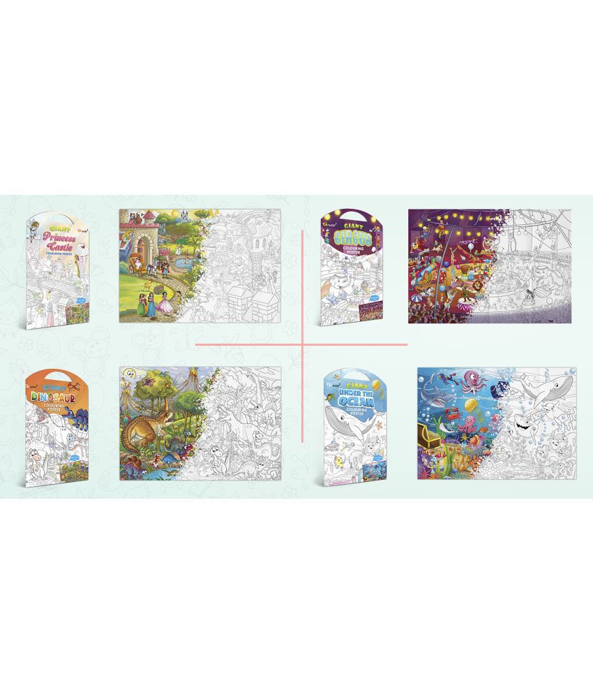     			GIANT PRINCESS CASTLE COLOURING POSTER, GIANT CIRCUS COLOURING POSTER, GIANT DINOSAUR COLOURING POSTER and GIANT UNDER THE OCEAN COLOURING POSTER | Combo pack of 4 Posters I large colouring posters for adults
