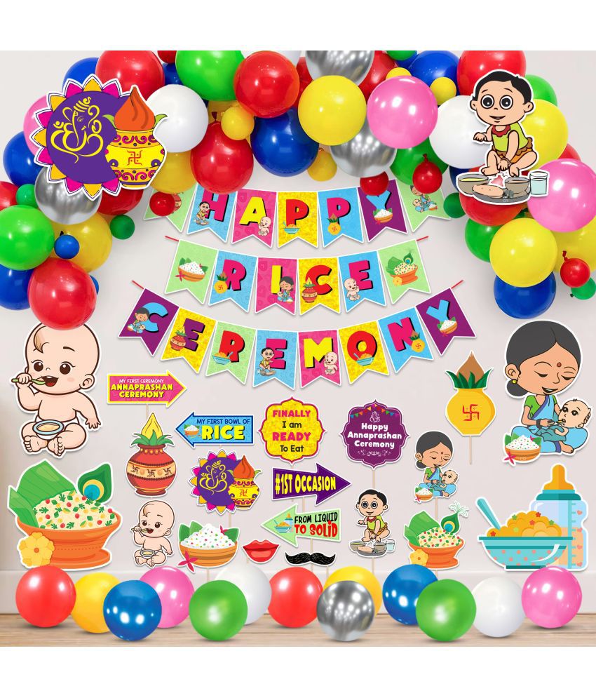     			Zyozi Annaprasanam Cardstock Cutout with Happy Rice Ceremony Banner and Balloon,Photo Booth Props,Rice Ceremony Decorations Items,Baby Photoshoot Props for Rice Ceremony (Pack of 65)
