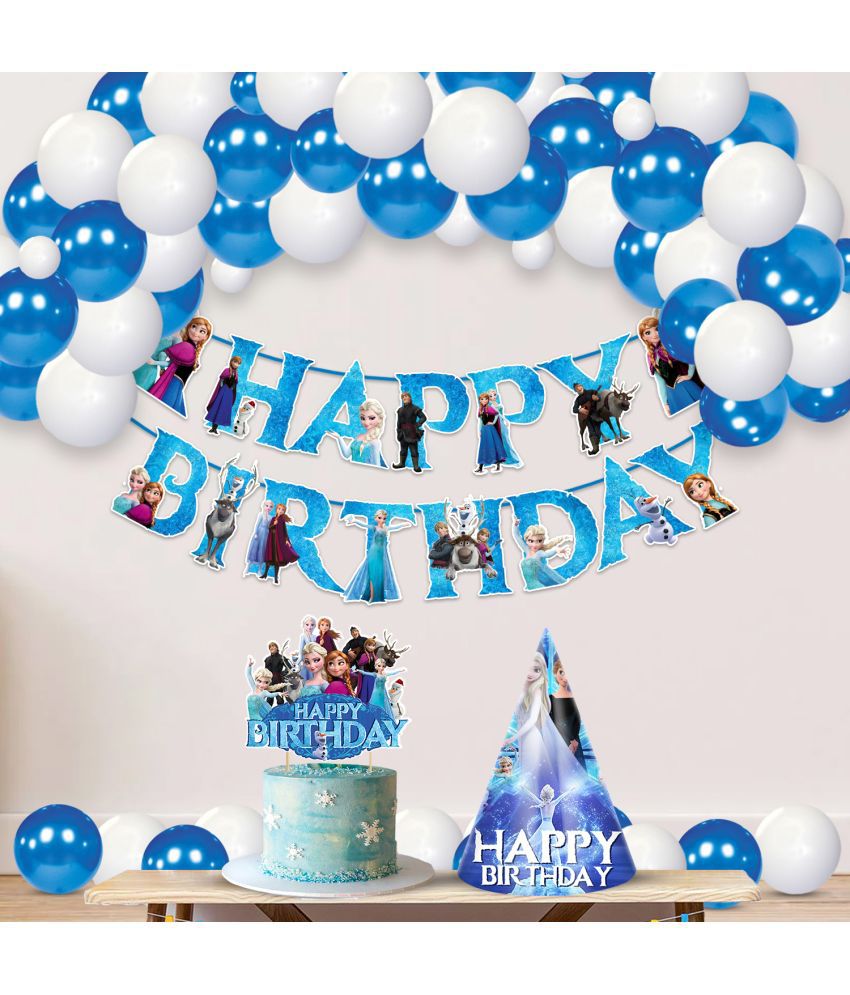     			Zyozi Frozen theme Party Supplies, Frozen Birthday Party Decorations for Girls with Happy Birthday Banner Cake Topper Birthday Cap Balloons(Pack of 28)