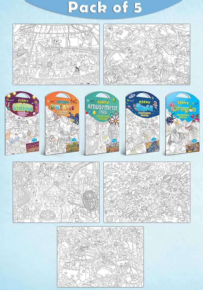     			GIANT CIRCUS COLOURING POSTER, GIANT DINOSAUR COLOURING POSTER, GIANT AMUSEMENT PARK COLOURING POSTER, GIANT SPACE COLOURING POSTER and GIANT DRAGON COLOURING POSTER | Gift Pack of 5 posters I Coloring poster holiday pack
