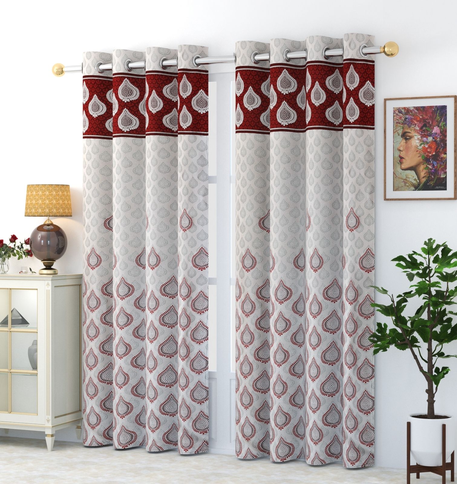     			FURNISHING HUT Ethnic Room Darkening Eyelet Curtain 5 ft ( Pack of 2 ) - Maroon