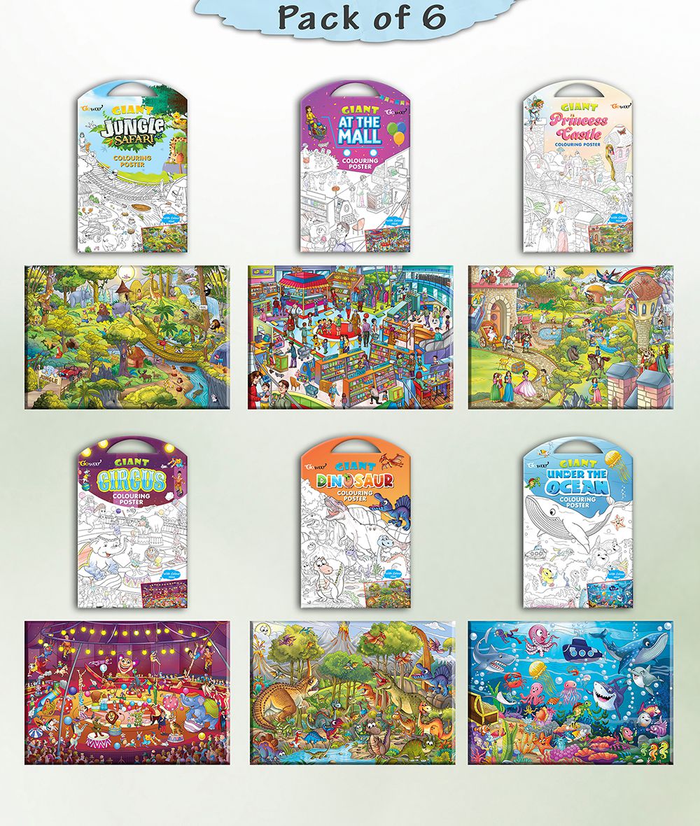     			GIANT JUNGLE SAFARI COLOURING , GIANT AT THE MALL COLOURING , GIANT PRINCESS CASTLE COLOURING , GIANT CIRCUS COLOURING , GIANT DINOSAUR COLOURING  and GIANT UNDER THE OCEAN COLOURING  | Pack of 6 s I perfect Gift for creative Minds