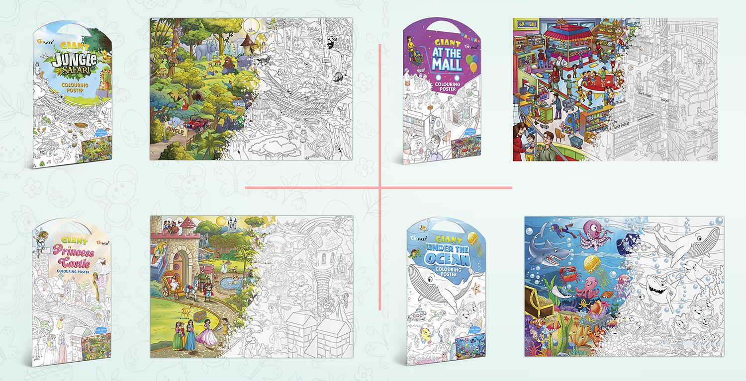     			GIANT JUNGLE SAFARI COLOURING POSTER, GIANT AT THE MALL COLOURING POSTER, GIANT PRINCESS CASTLE COLOURING POSTER and GIANT UNDER THE OCEAN COLOURING POSTER | Combo of 4 Posters I kids giant posters to color