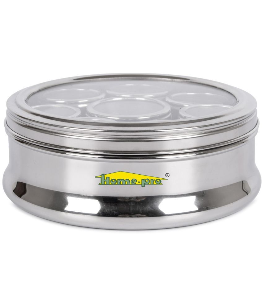     			HomePro See Through Belly Masala Dabba, Stainless steel, 8 Small Container Air Tight 21.5 CM Diameter Pack of 1