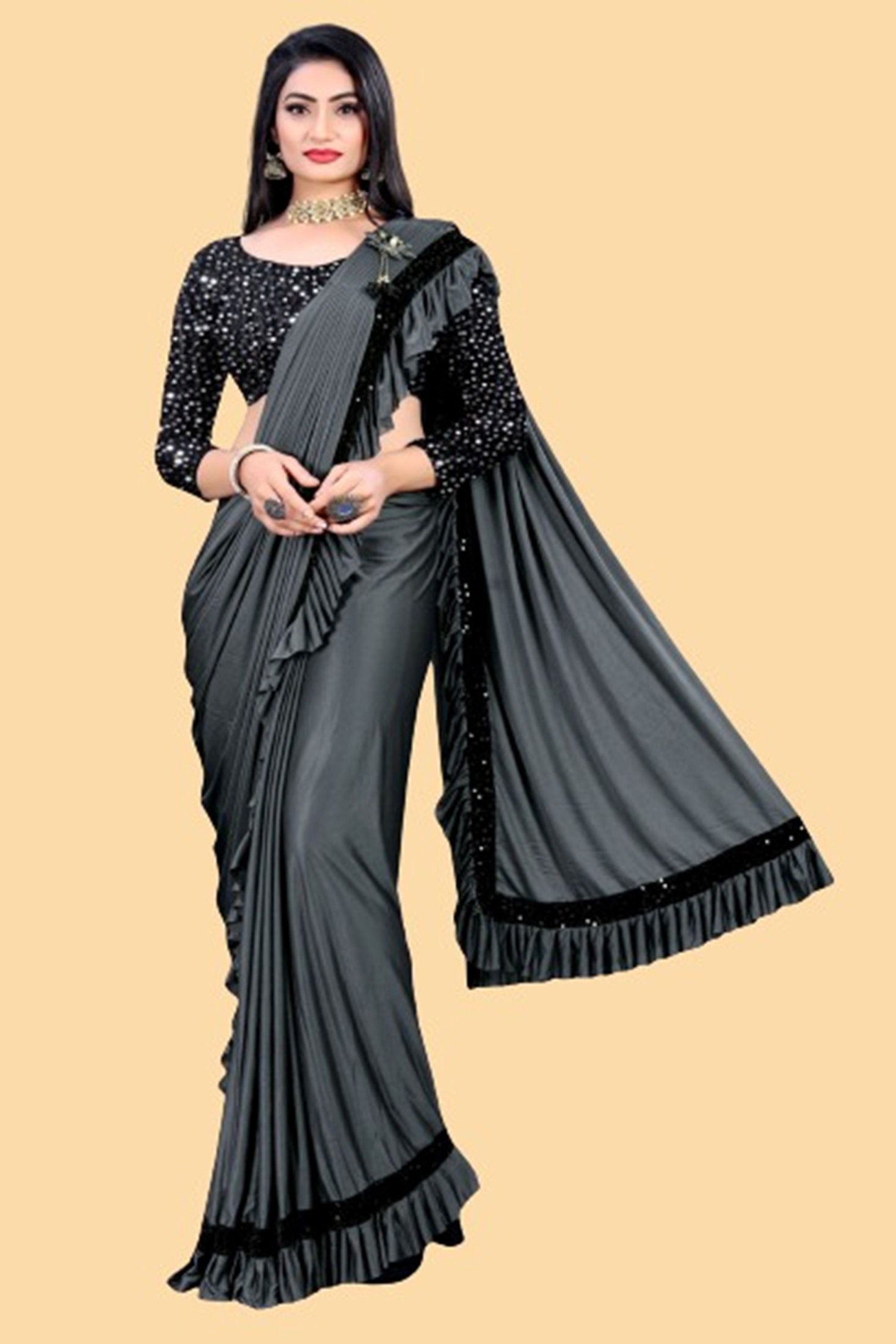     			JULEE - Grey Lycra Saree With Blouse Piece ( Pack of 1 )