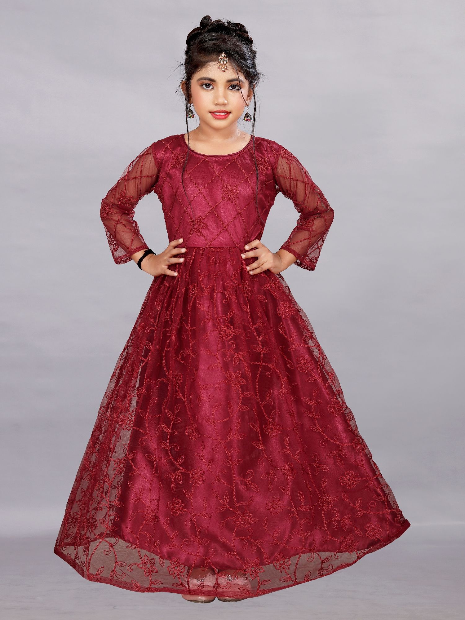     			JULEE - Maroon Net Girls Gown ( Pack of 1 )