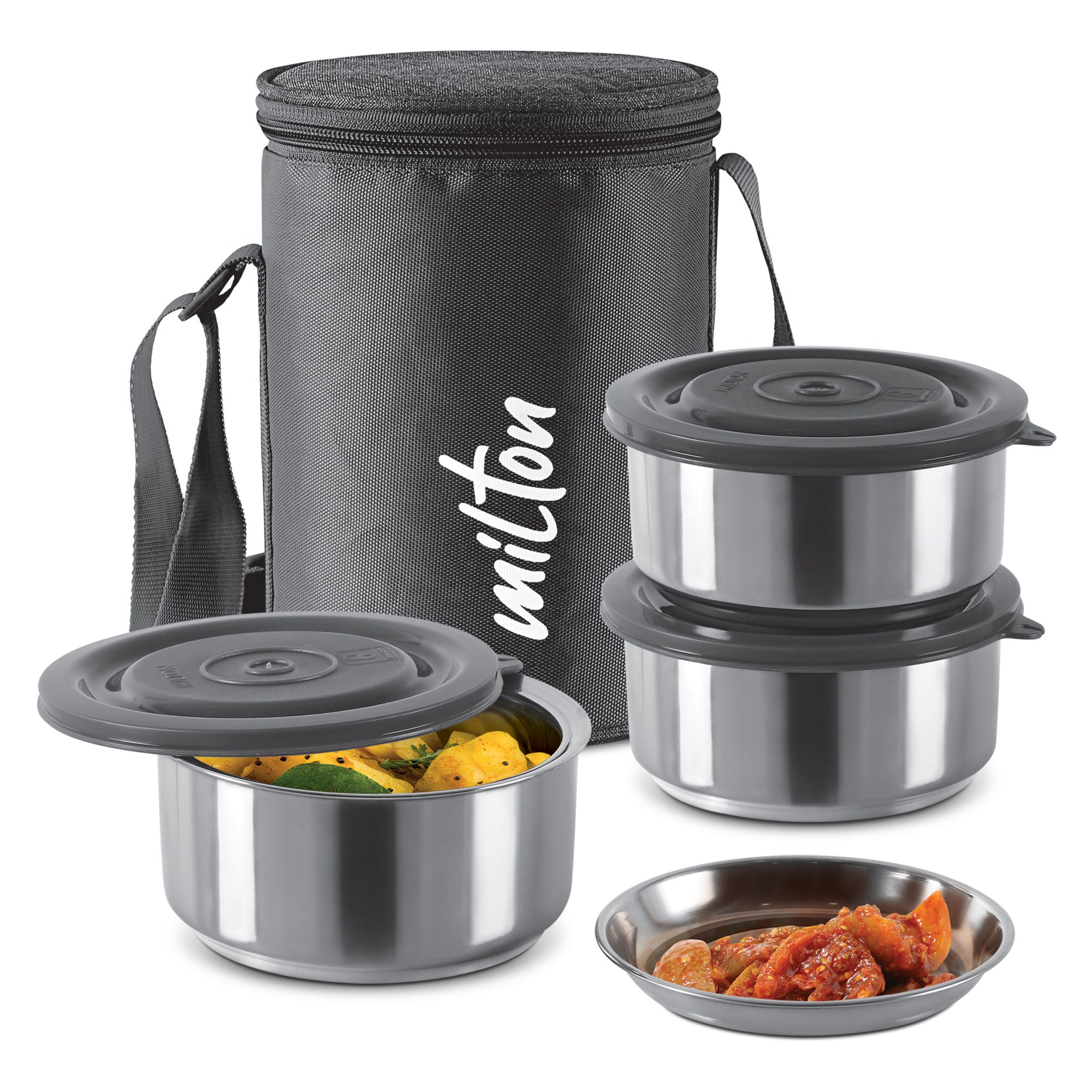     			Milton Ambition 3 Stainless Steel Tiffin, 3 Containers (300 ml Each with Jacket) Black