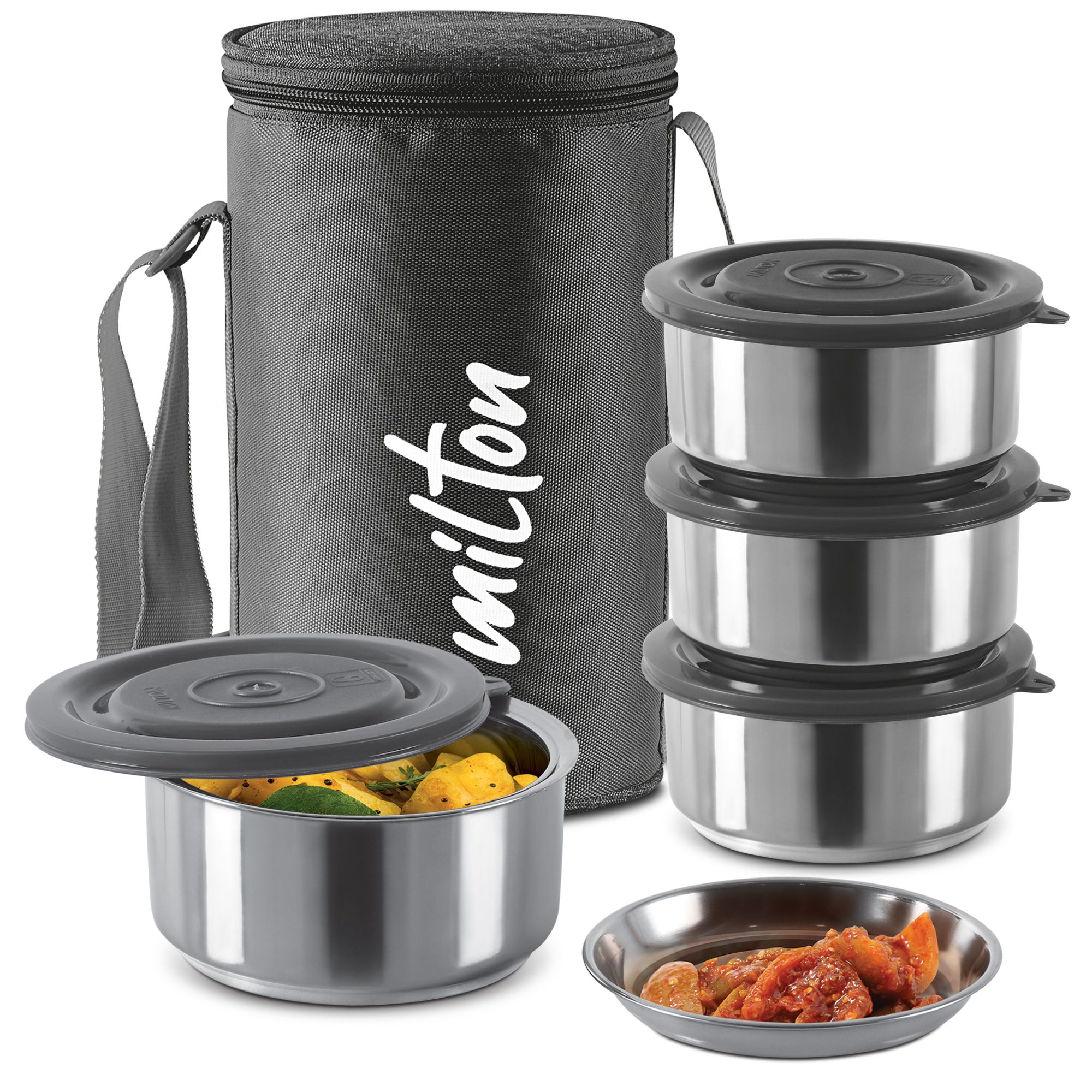     			Milton Ambition 4 Stainless Steel Tiffin, 4 Containers (300 ml Each with Jacket) Black