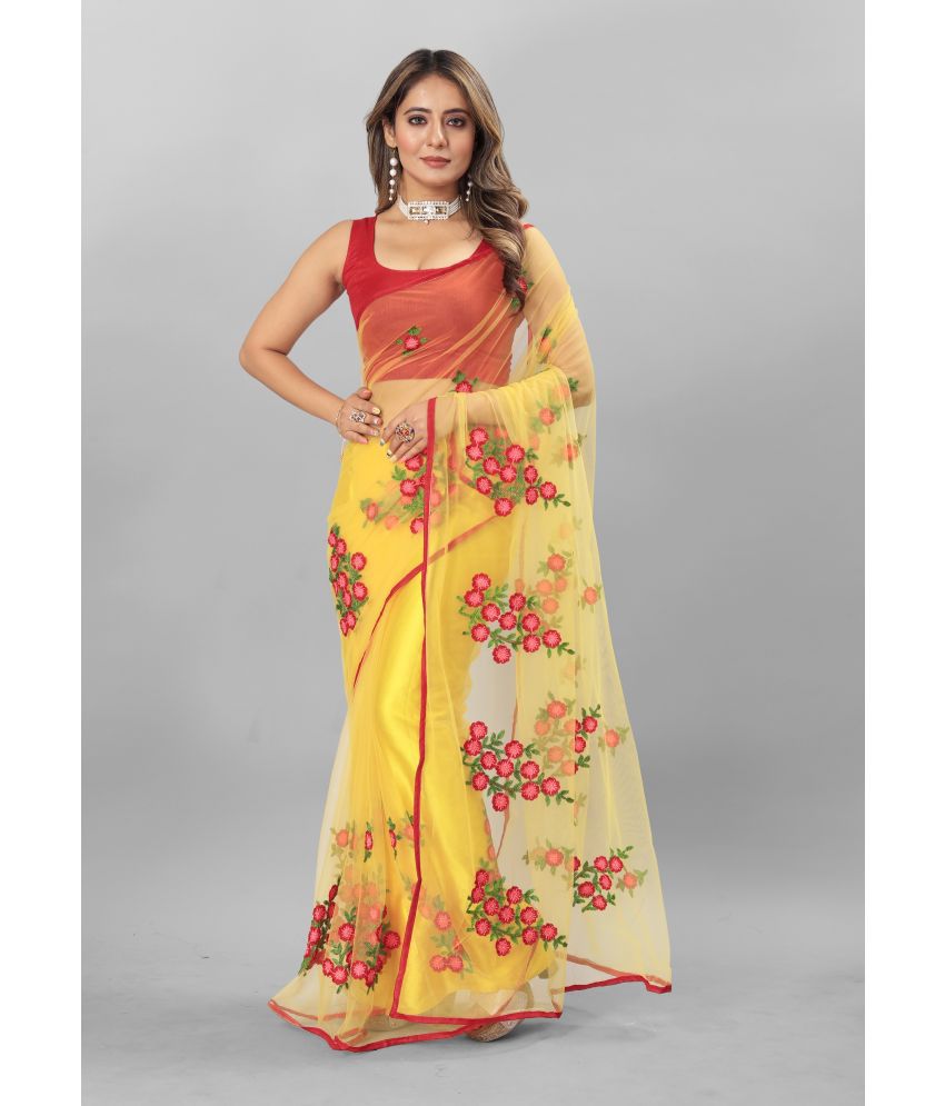     			Aika - Yellow Net Saree With Blouse Piece ( Pack of 1 )
